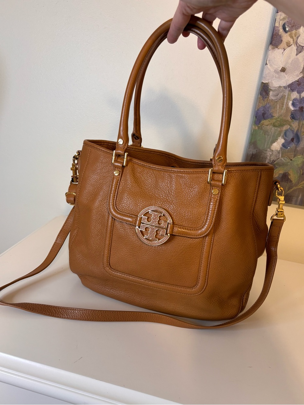 Tory Burch Bombe T Medium Satchel Brown Bark Leather Double T Crossbody FALL BAG